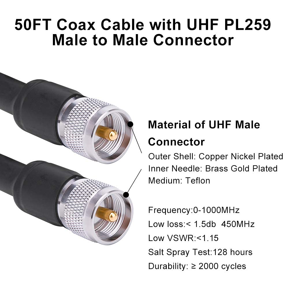 PL259 CB Coax Cable 50ft, RG8 UHF Male 50 Ohm Jumper Cable K18567