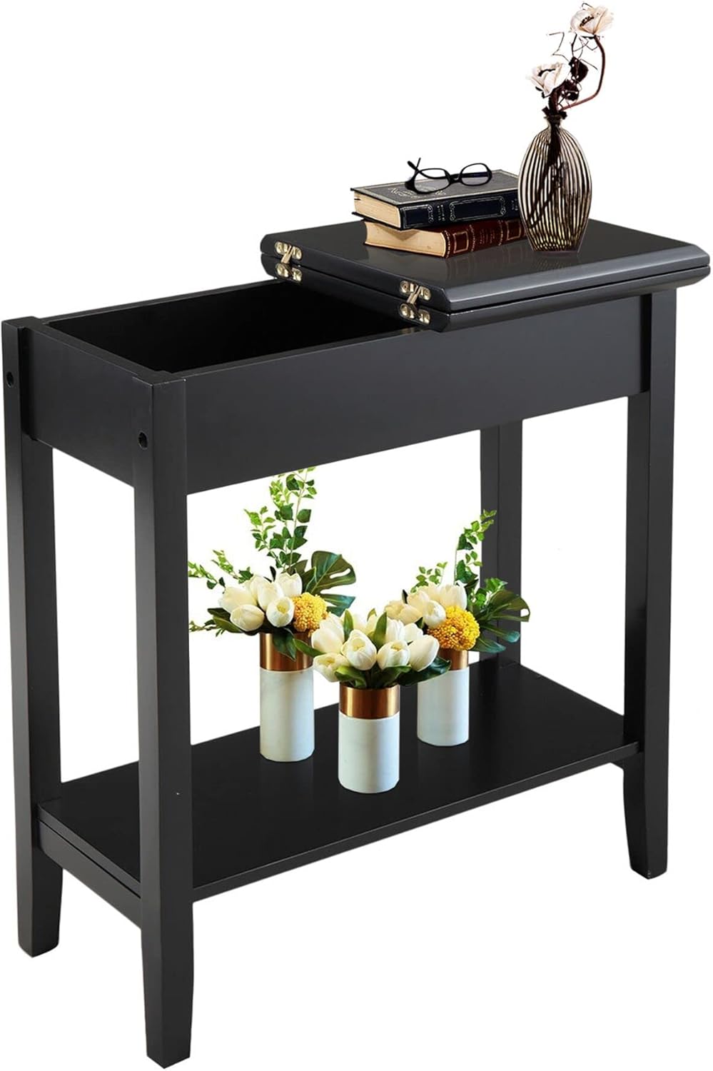 Flip Top End Table Wooden Sofa Side Table with Storage and Shelf M90942