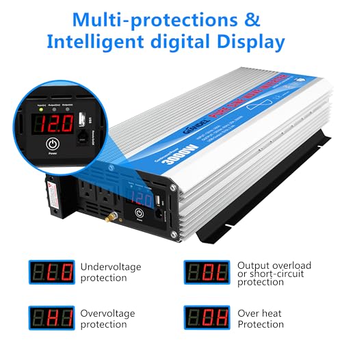2200W Pure Sine Wave Power Inverter 12V DC to 110V 120V AC with Dual AC Outlets J8403
