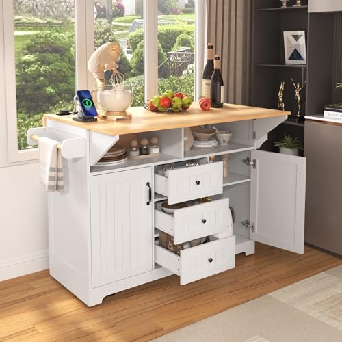 Large Kitchen Island Cart with 2 Drop Leaf, Mobile Dining Table with Storage Cabinet, Rolling Kitchen Cart with Power Outlets, 3 Drawers, Spice & Towel Rack X87355