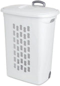 White Wheeled Laundry Hamper with Retractable Handle and Lid V97477