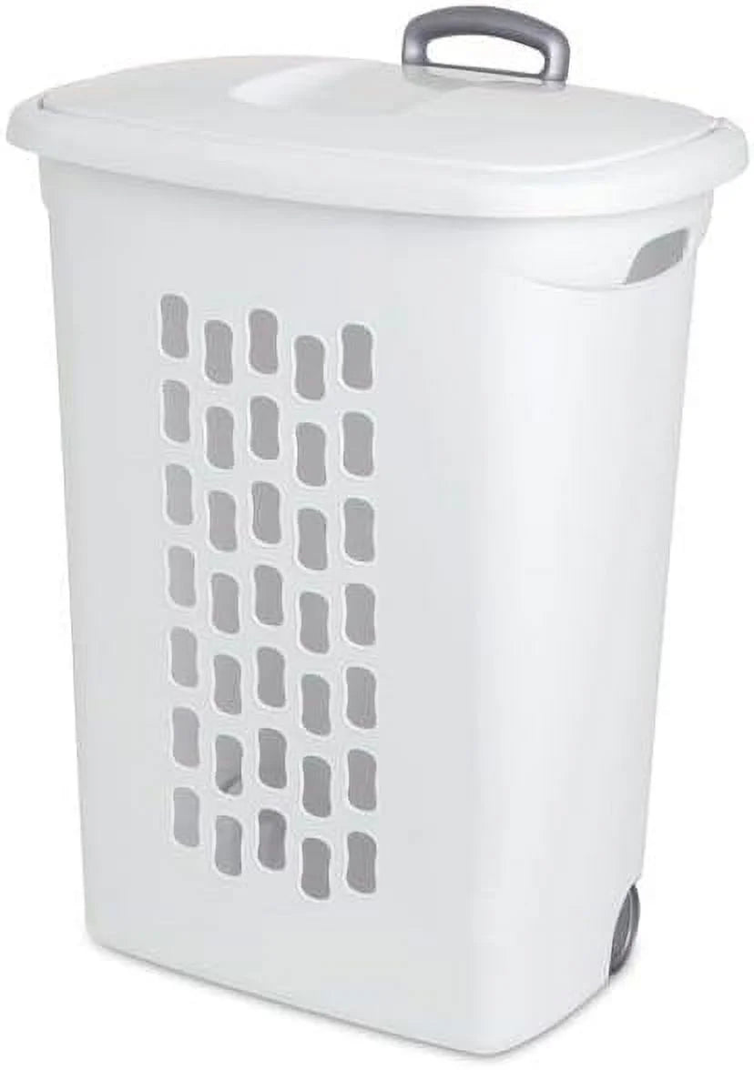 White Wheeled Laundry Hamper with Retractable Handle and Lid V97477