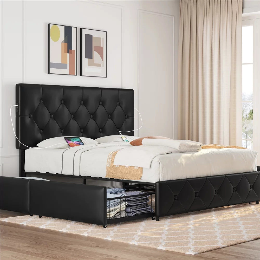 Black Upholstered Queen Bed with 4 Storage Drawers and USB Ports J5350