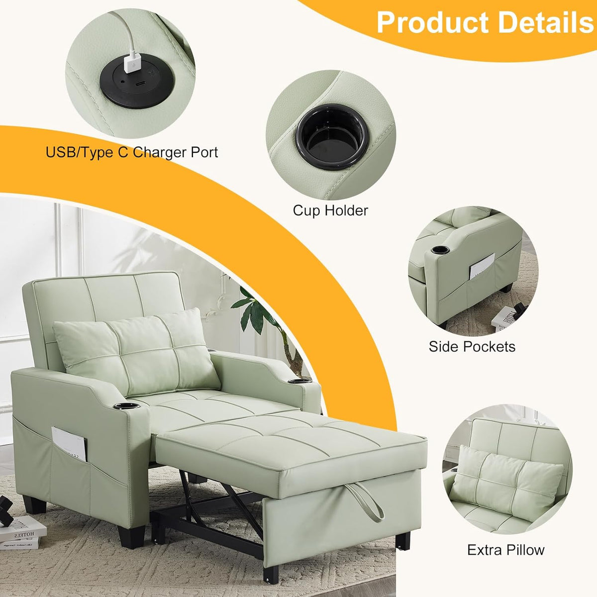 Mint Green PU Leather Sleeper Chair Sofa Bed X380