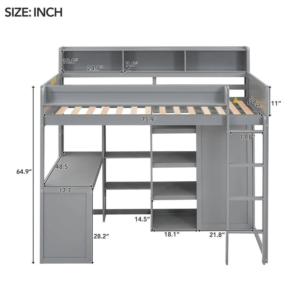 Gray Pine Wood Twin Size Loft Bed with Desk and Wardrobe W71231