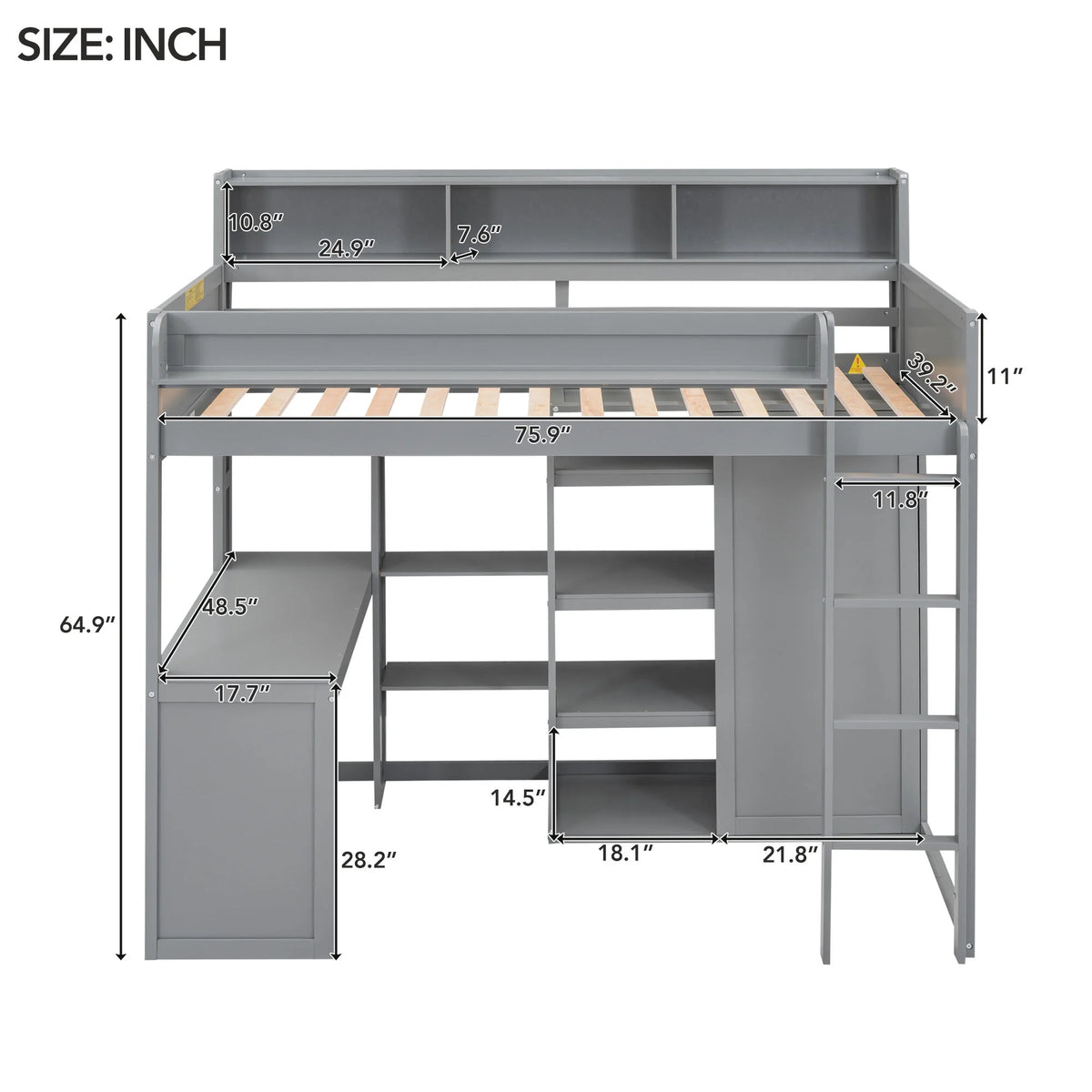 Gray Pine Wood Twin Size Loft Bed with Desk and Wardrobe W71231
