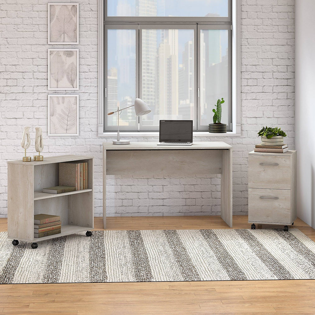 Washed Gray Small Desk with Mobile File Cabinet and Bookcase A316