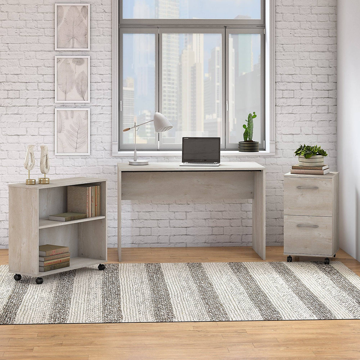 Washed Gray Small Desk with Mobile File Cabinet and Bookcase A316
