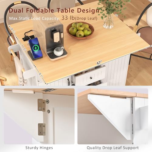 Large Kitchen Island Cart with 2 Drop Leaf, Mobile Dining Table with Storage Cabinet, Rolling Kitchen Cart with Power Outlets, 3 Drawers, Spice & Towel Rack X87355