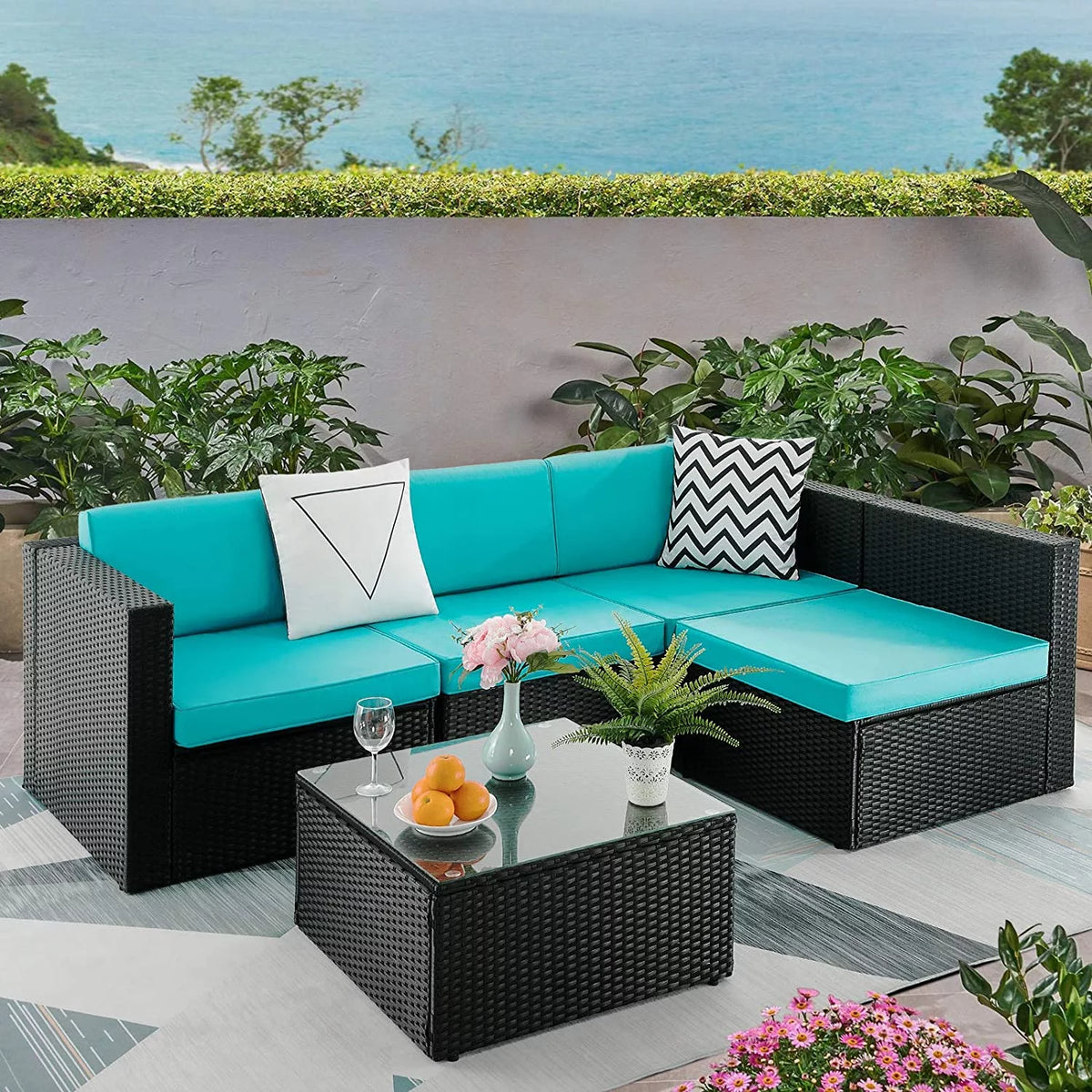 5 Pieces Rattan Wicker Sectional Sofa Set with Table M4362