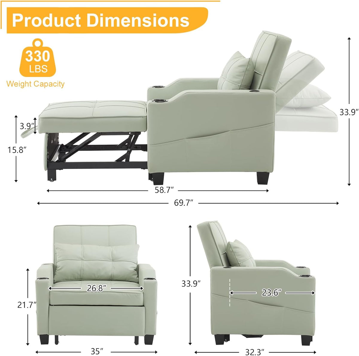 Mint Green PU Leather Sleeper Chair Sofa Bed X380