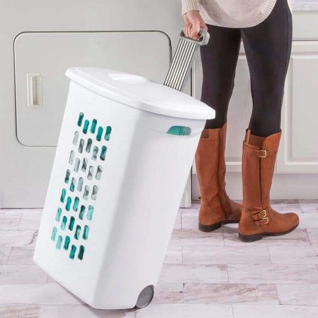 White Wheeled Laundry Hamper with Retractable Handle and Lid V97477