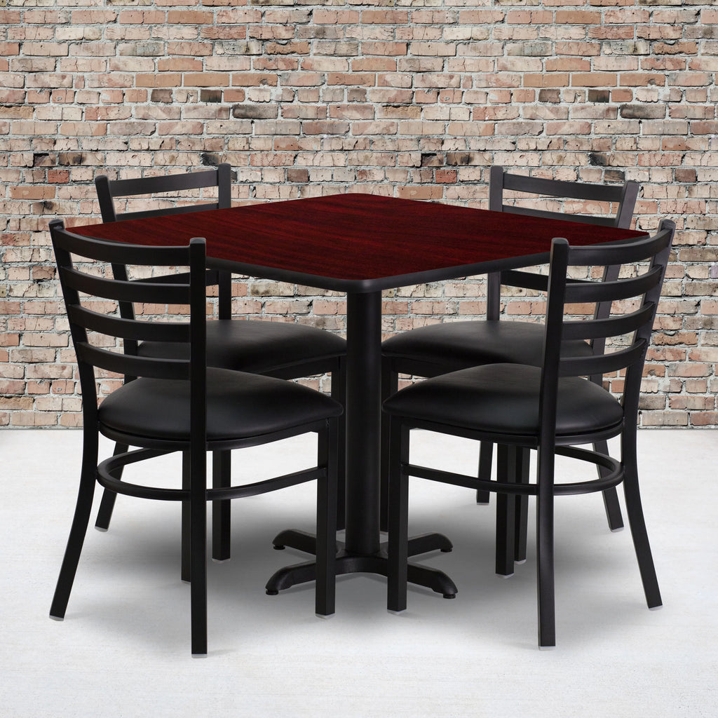 36'' Square Mahogany Laminate Table Set with 4 Metal Chairs E9442