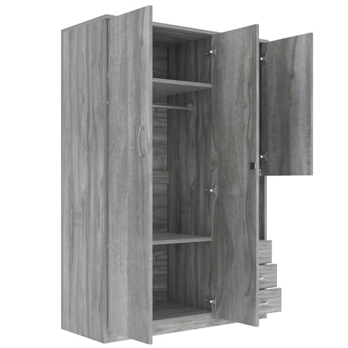 Grey Wooden Armoire Wardrobe with 6-Tier Shelves and 3 Drawers S55612