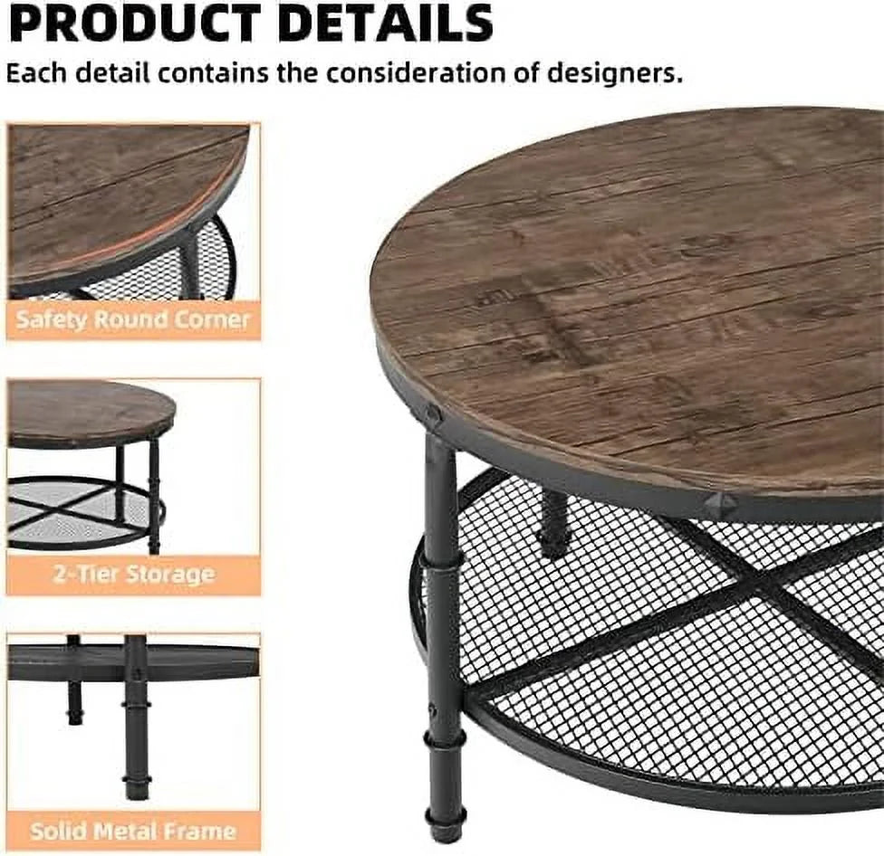 Small Round Coffee Table with Rustic Wood and Metal Legs G366346