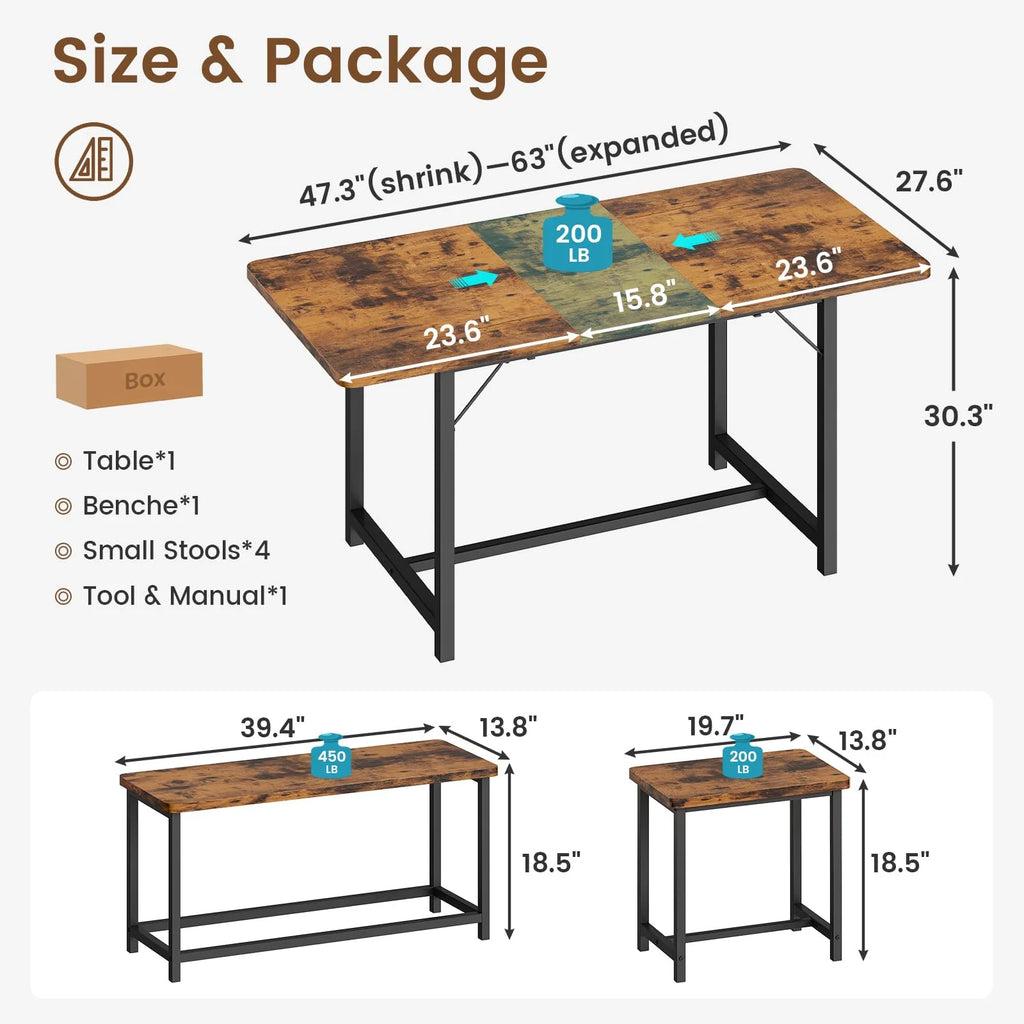 63" Extendable Dining Table Set with Stools I74885