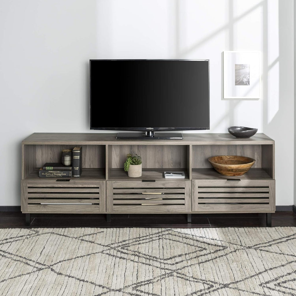Modern Wood TV Stand with Slat Doors, 58 Inch, Dark Walnut D760670