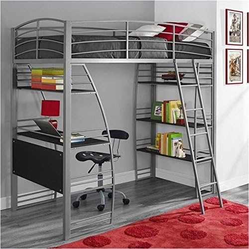 Gray Metal Twin Loft Bed with Desk and Bookcase O658