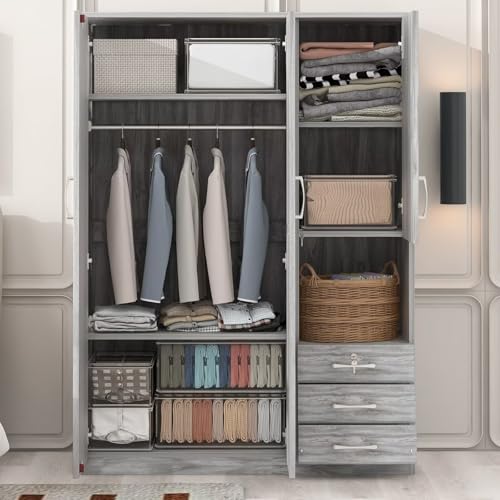 Grey Wooden Armoire Wardrobe with 6-Tier Shelves and 3 Drawers S55612