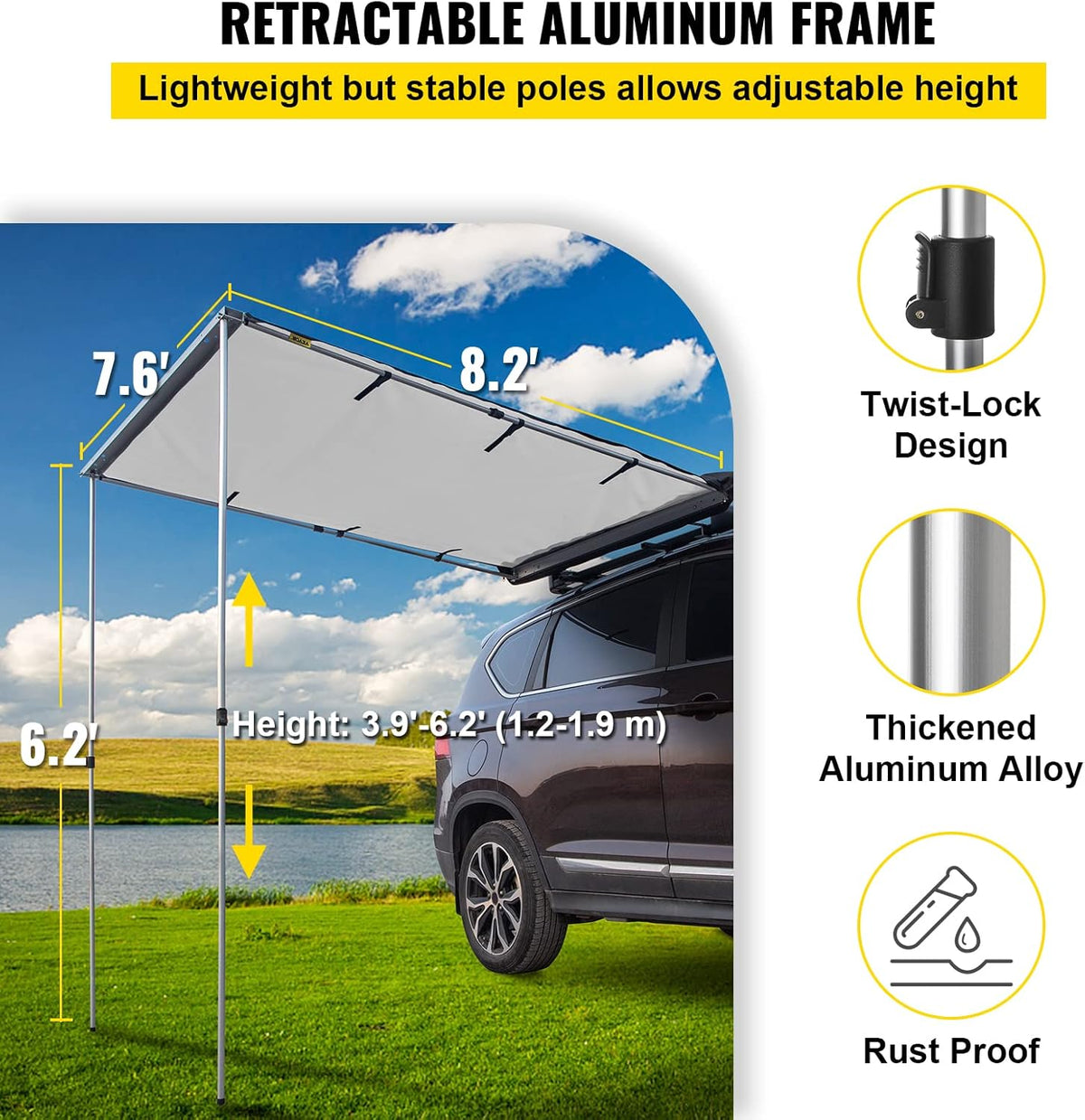 Car Side Awning, 7.6'x8.2', Retractable Waterproof UV50+ with Carry Bag, Grey M50724