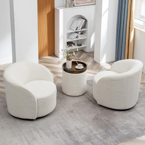 Cream Boucle Swivel Barrel Chair with Round Ottoman Set X614467