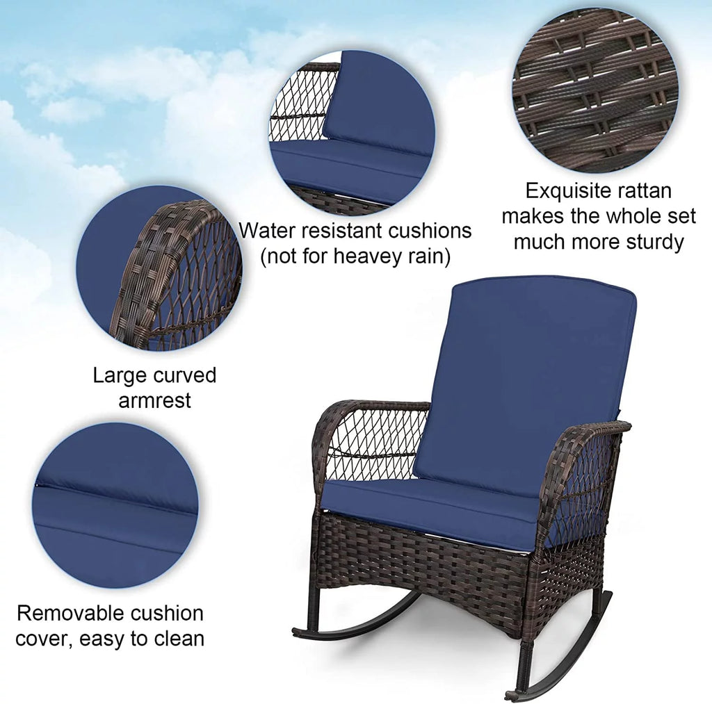3 Pcs PE Wicker Rocking Bistro Set with Glass Table D260010