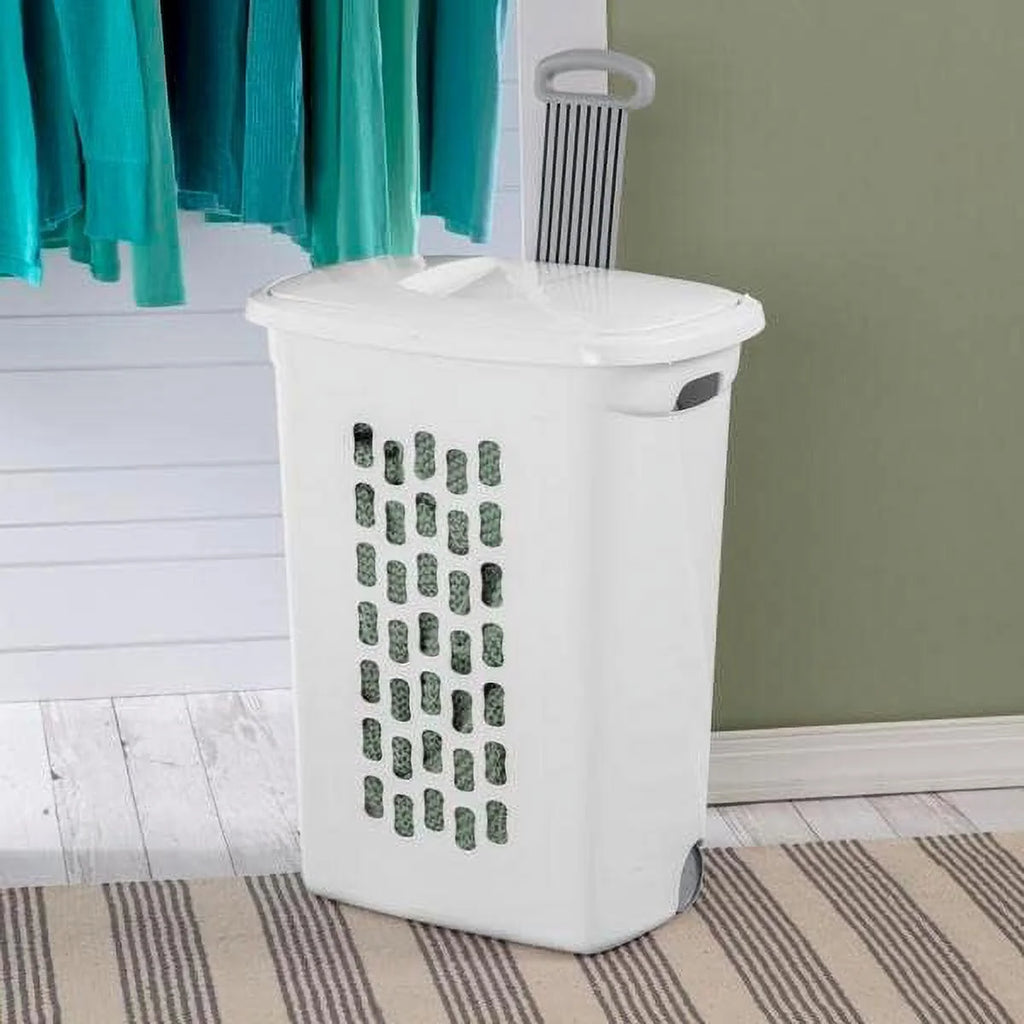 White Wheeled Laundry Hamper with Retractable Handle and Lid V97477