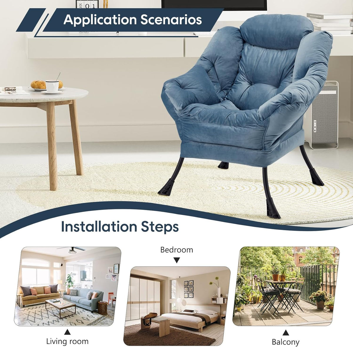 Blue Velvet Lounge Chair with Steel Frame and Side Pocket B944227