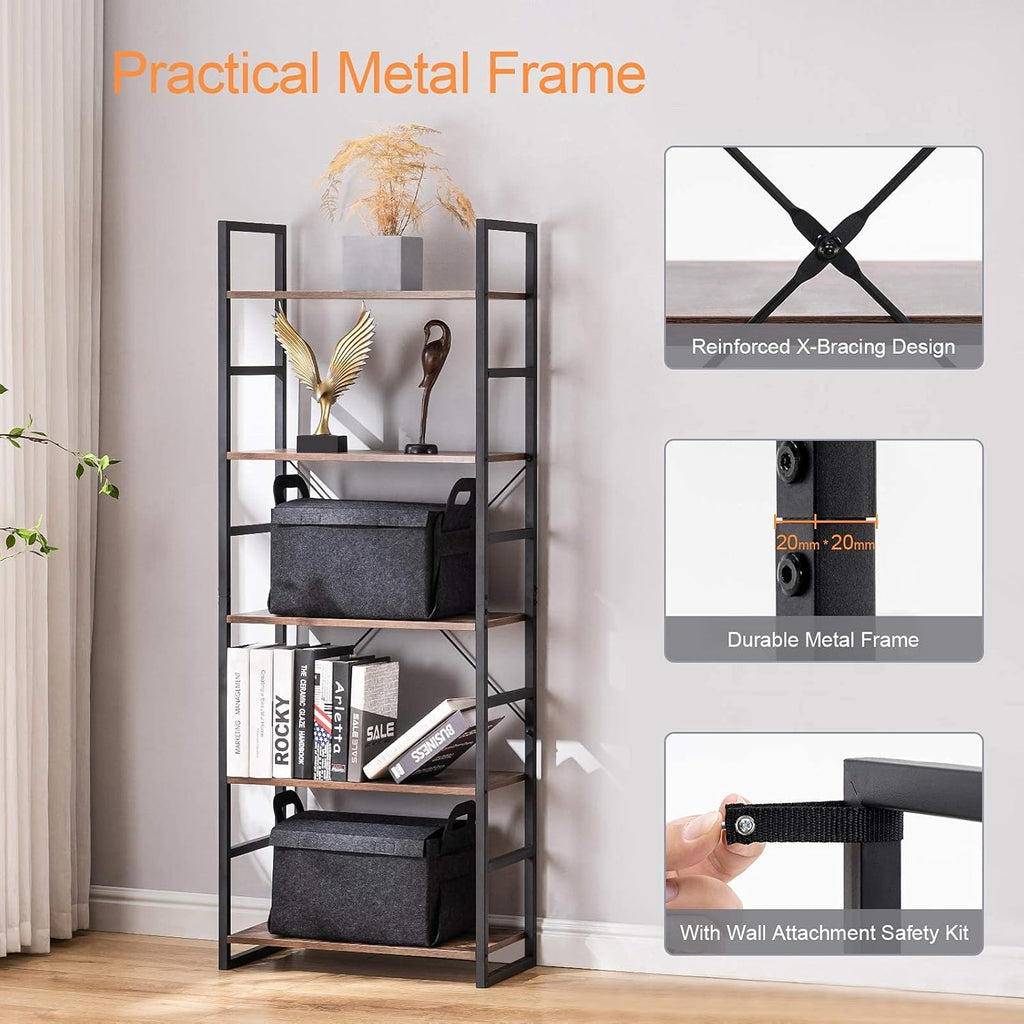 5 Tier Tall Bookshelf Bookcase, Brown Y934199