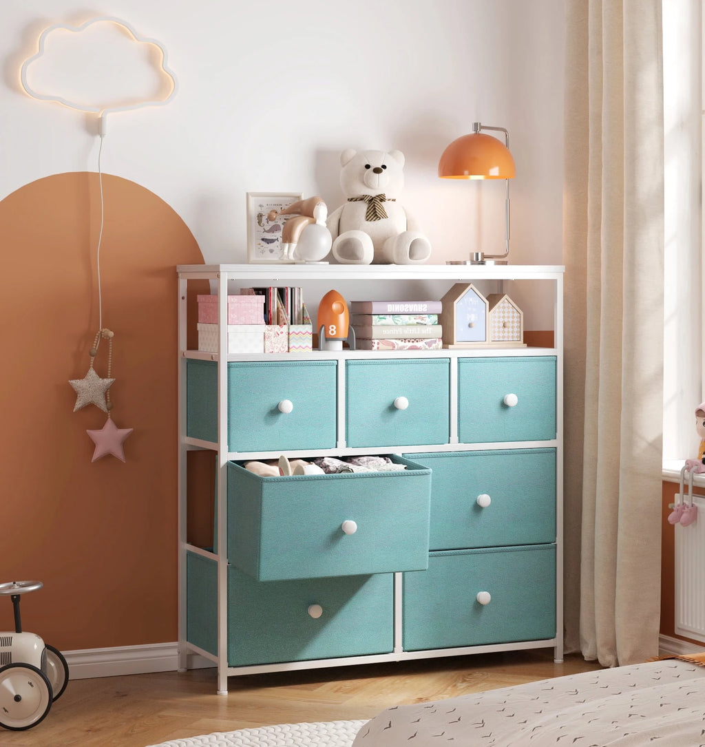 Pink 7 Drawer Fabric Dresser with Wood Shelves K84417
