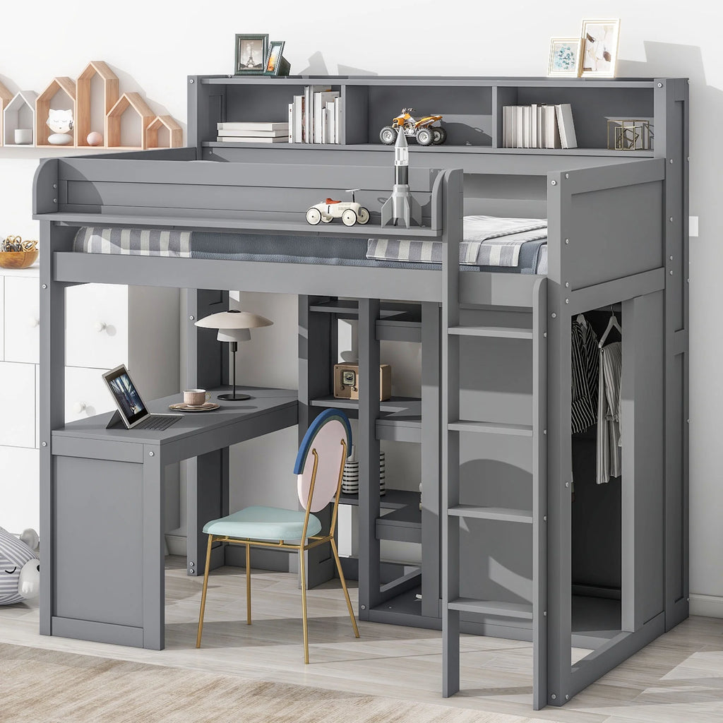 Gray Pine Wood Twin Size Loft Bed with Desk and Wardrobe W71231