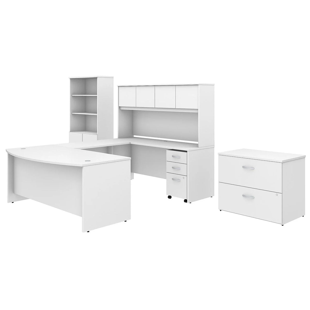 72W X 36D U Shaped Desk With Hutch, Bookcase And File Cabinets In White X208907