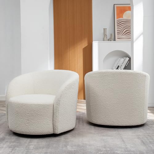 Cream Boucle Swivel Barrel Chair with Round Ottoman Set X614467