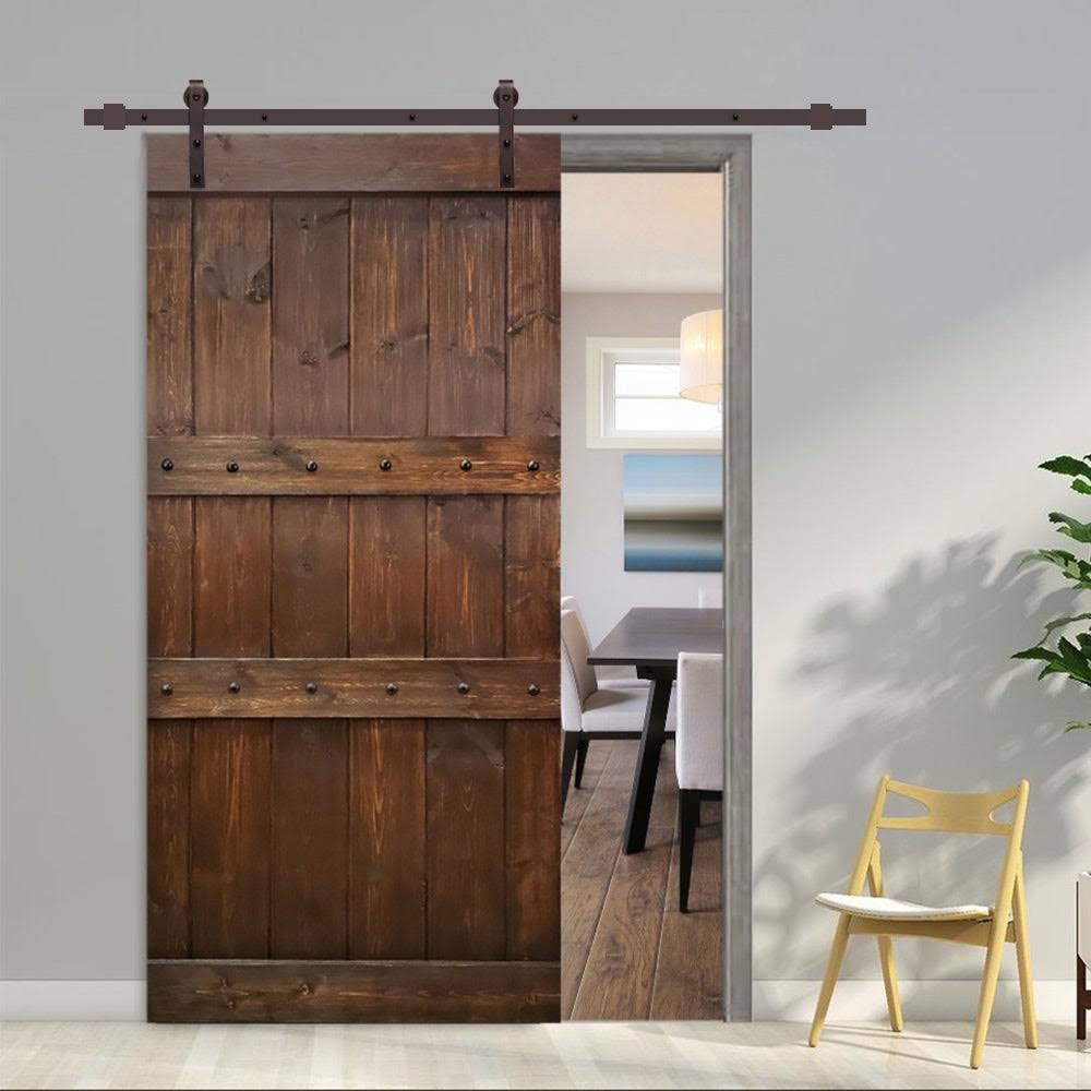 Brown Stained Solid Pine Wood Interior Sliding Barn Door with Hardware Kit M731