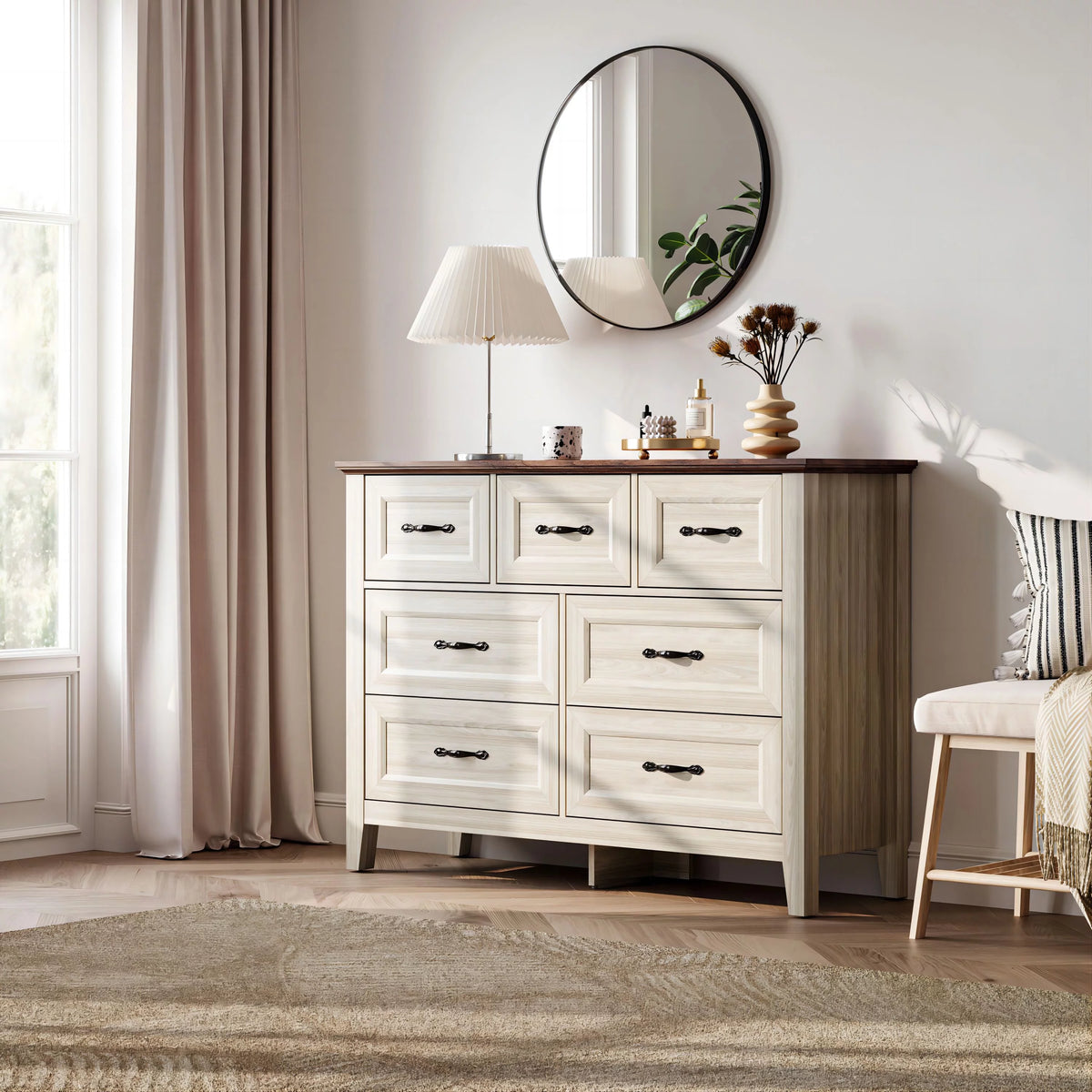 7 Drawer Rustic Oak Wood Dresser W52845
