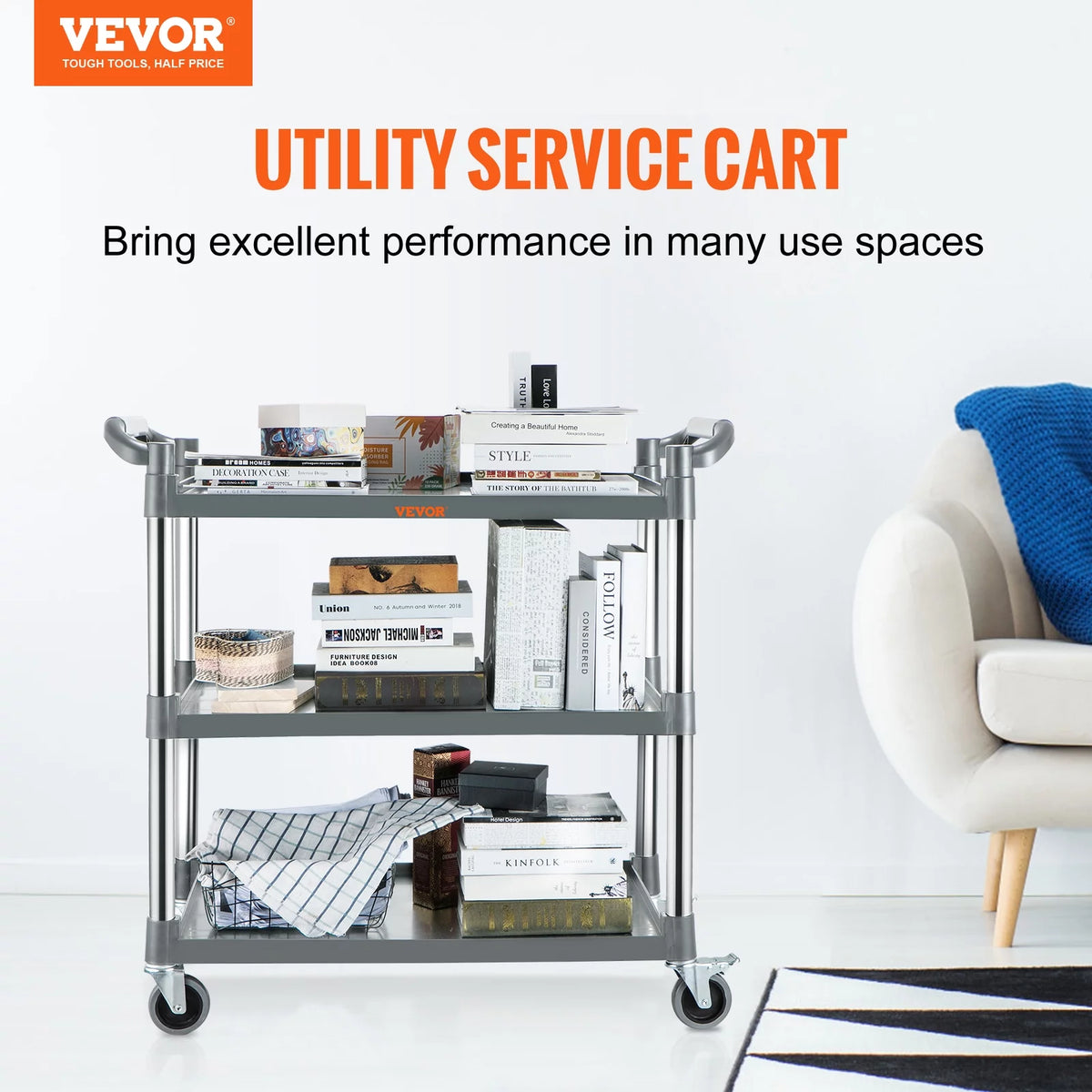 3-Tier Utility Service Cart with Wheels 220lbs Capacity U5371