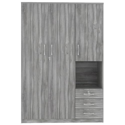 Grey Wooden Armoire Wardrobe with 6-Tier Shelves and 3 Drawers S55612