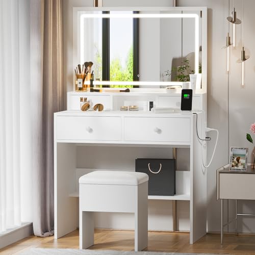 White Makeup Vanity with Lighted Mirror and Charging Station V161651