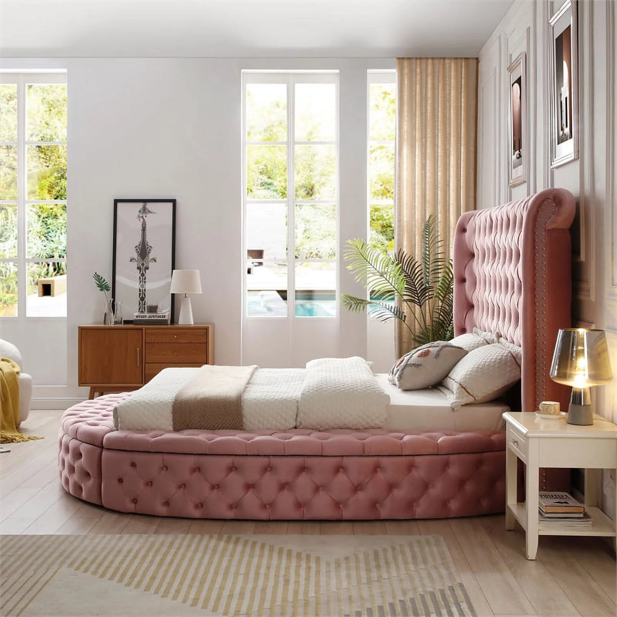Pink Velvet Upholstered King Bed O977095
