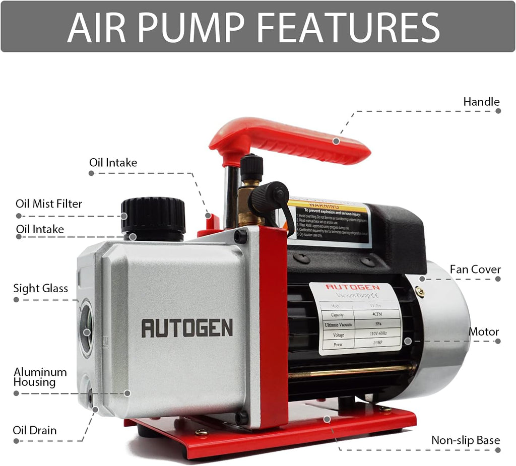 110V 1/4 HP 4CFM Single Stage Rotary Vane Air Vacuum Pump with AC Manifold Gauge Set Kit S623