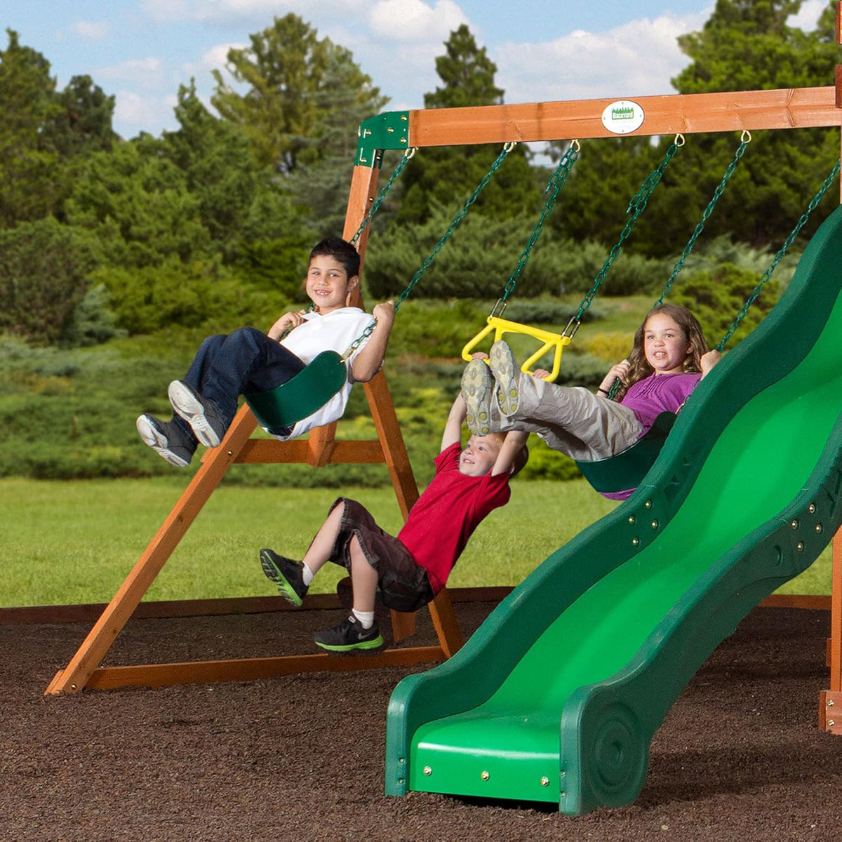 All Cedar Wooden Swing Set with 2 Belt Swings, Trapeze Bar, 10 ft Wave Slide, Playhouse, Play Kitchen, Rock Wall, Bench J9500
