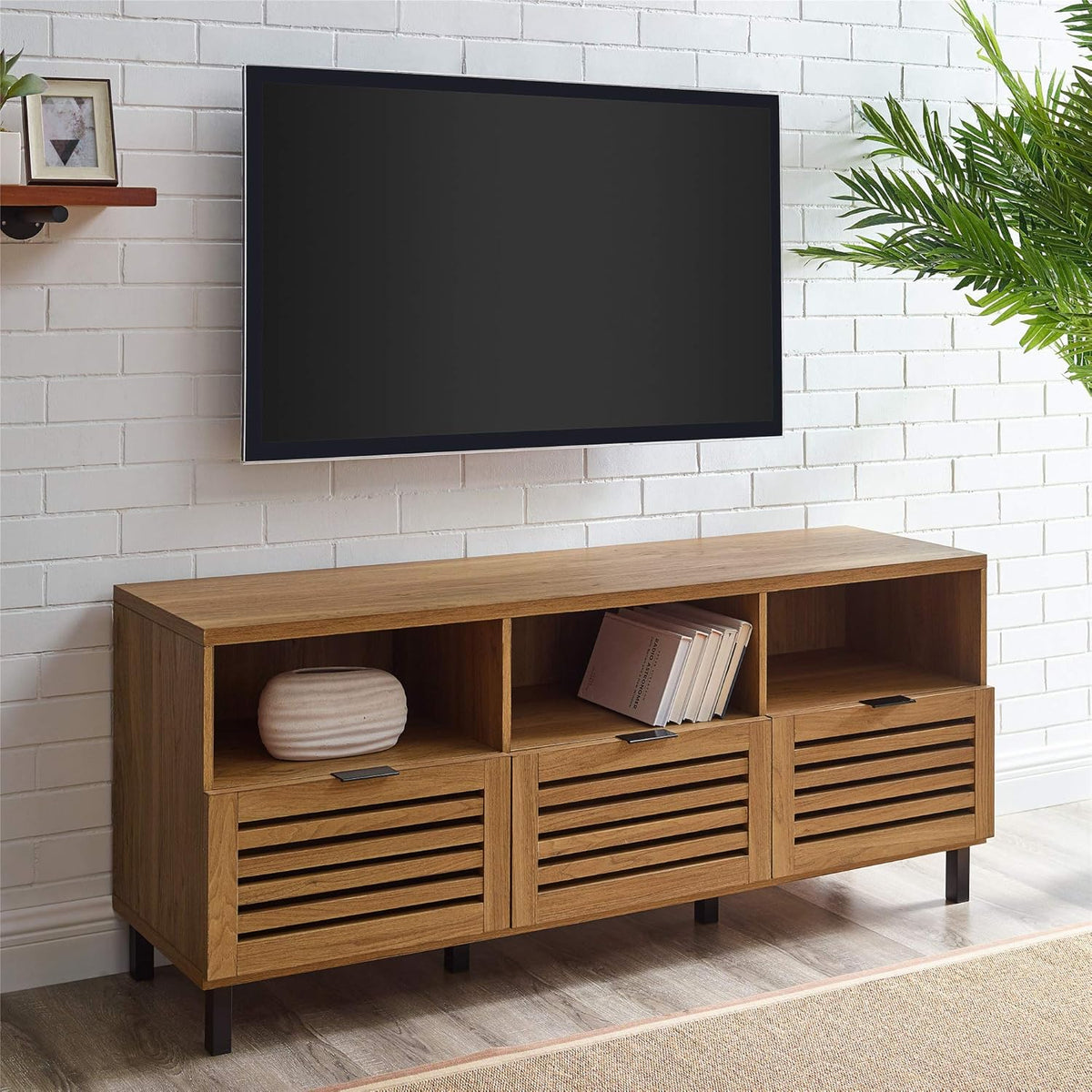 Modern Wood TV Stand with Slat Doors, 58 Inch, Dark Walnut D760670