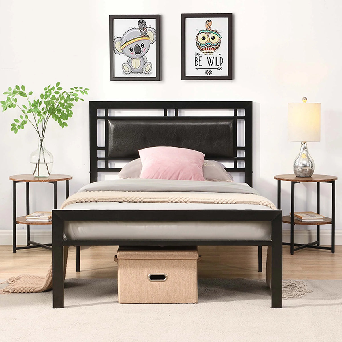 Black Metal Platform Twin Bed Frame with Headboard M359