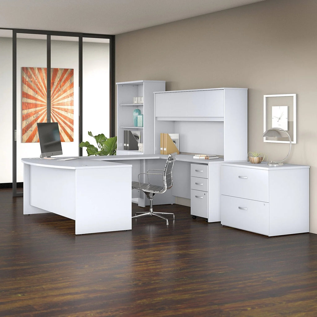 72W X 36D U Shaped Desk With Hutch, Bookcase And File Cabinets In White X208907