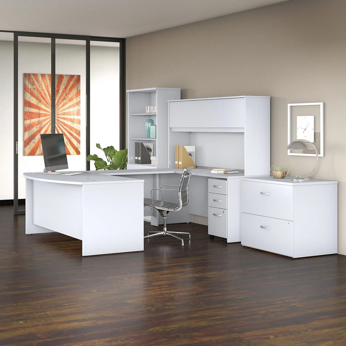 72W X 36D U Shaped Desk With Hutch, Bookcase And File Cabinets In White X208907