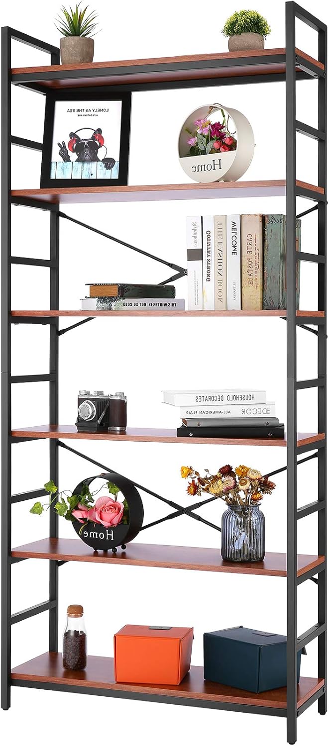 Vintage 5-Layer Metal Frame Wood Bookshelf R695