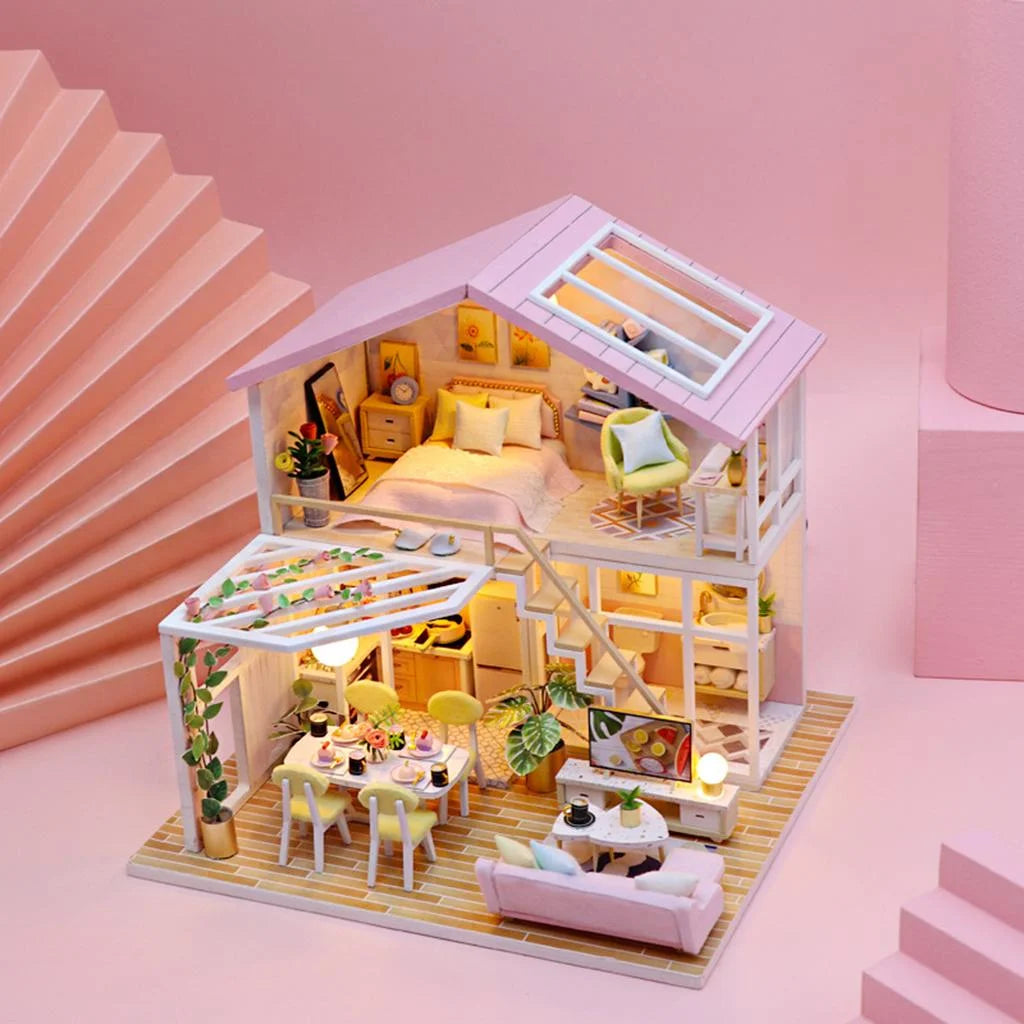 Wooden Doll House Building Puzzle with Furniture and LED Light I7474