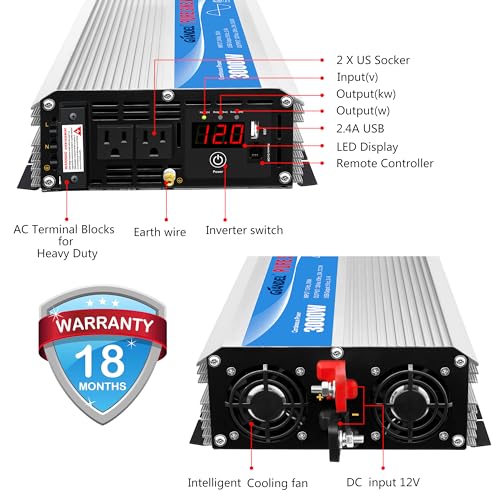 2200W Pure Sine Wave Power Inverter 12V DC to 110V 120V AC with Dual AC Outlets J8403