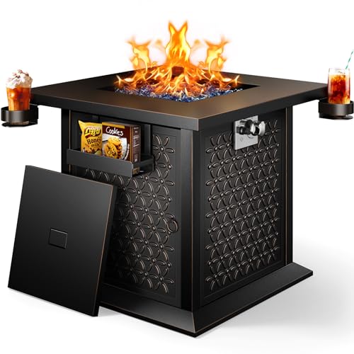 28″ Propane Fire Pit Table with Cup Holders & Hanging Shelf, 50,000 BTU, Glass Stones & Nylon Dust Cover I492310
