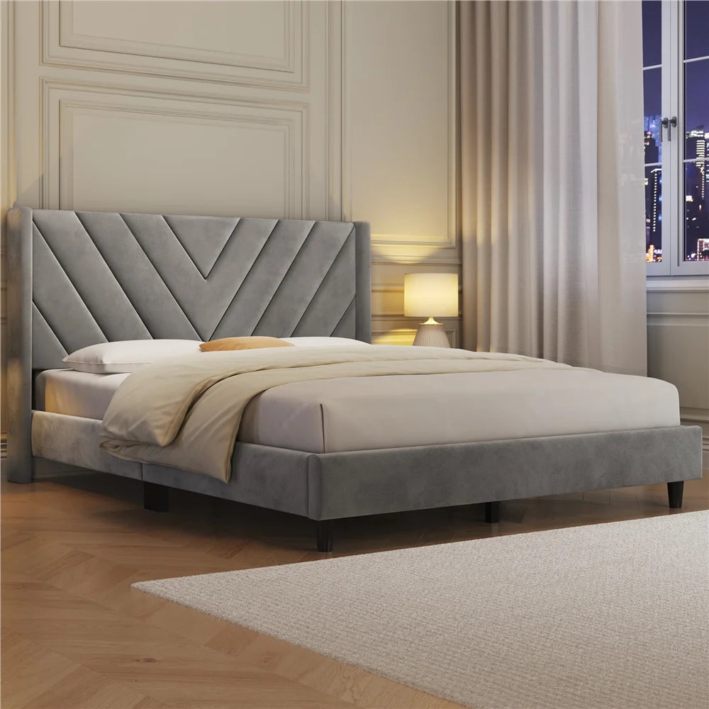 Queen Upholstered Platform Bed Light Gray Q8804